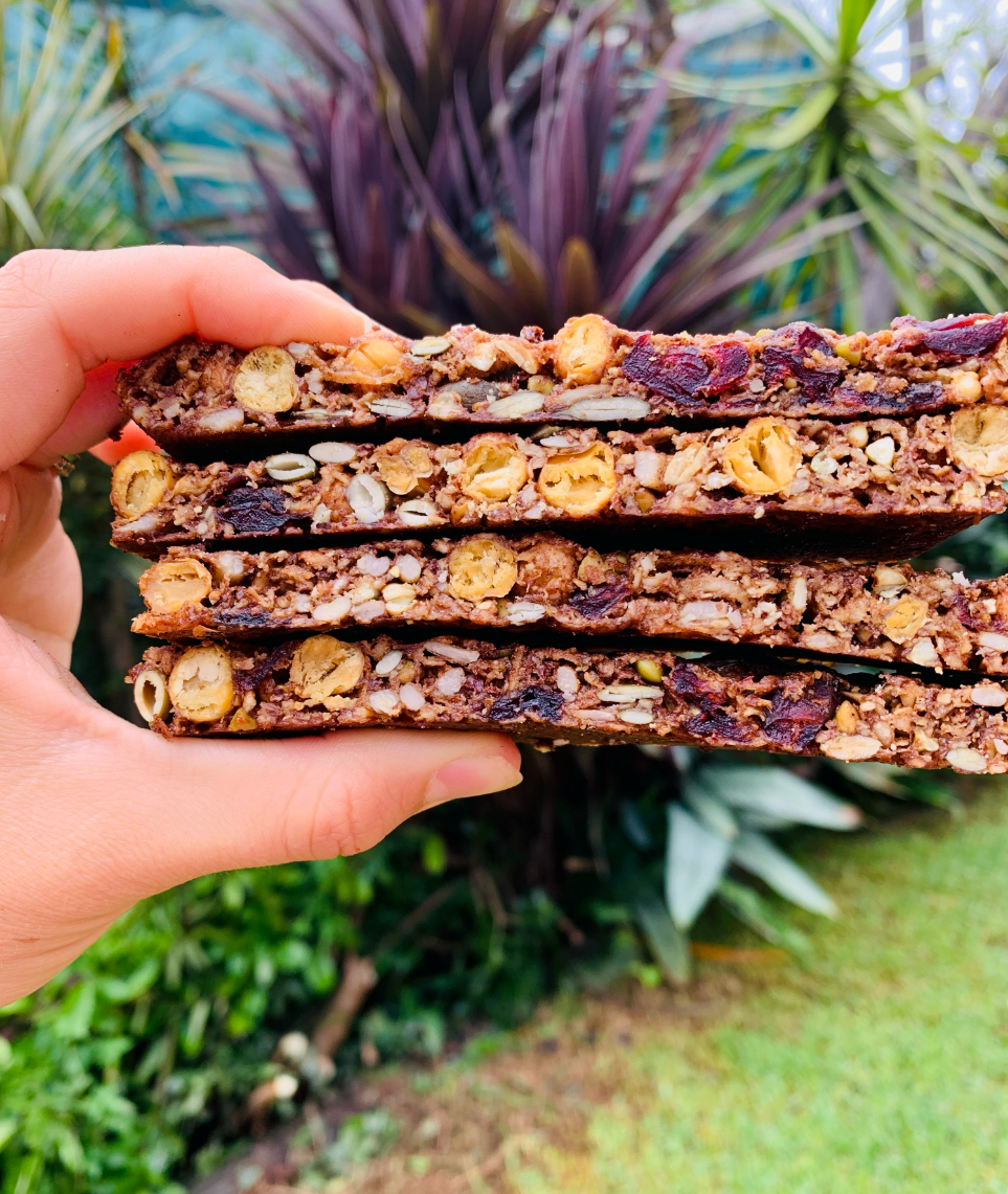 Gluten free muesli bar. Baked with roasted chickpeas, coconut, cranberry, cinnamon, ginger, cardamom. Vegan, gluten free, high protein bar