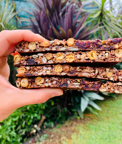 Gluten free muesli bar. Baked with roasted chickpeas, coconut, cranberry, cinnamon, ginger, cardamom. Vegan, gluten free, high protein bar